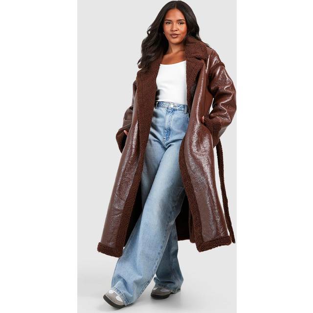 Womens Plus Teddy Trim Vinyl Belted Coat - Brown - 24, Brown