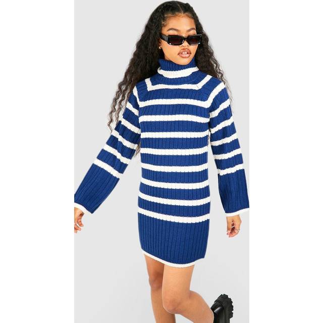 Womens Petite Roll Neck Wide Sleeve Stripe Jumper Dress - Navy - M, Navy