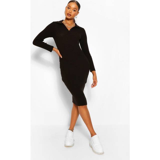 Womens Polo Collar Rib Knit Midi Dress - Black - S