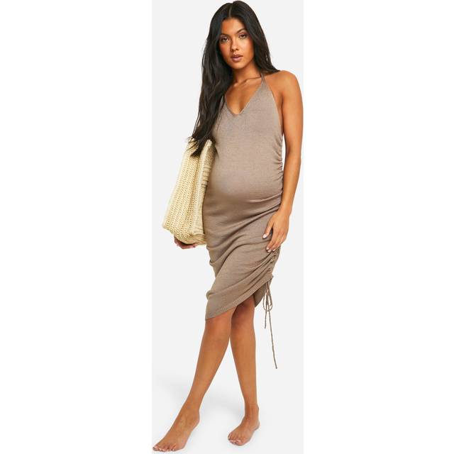 Womens Maternity Lightweight Ruched Knit Midi Beach Dress - Brown - 16, Brown