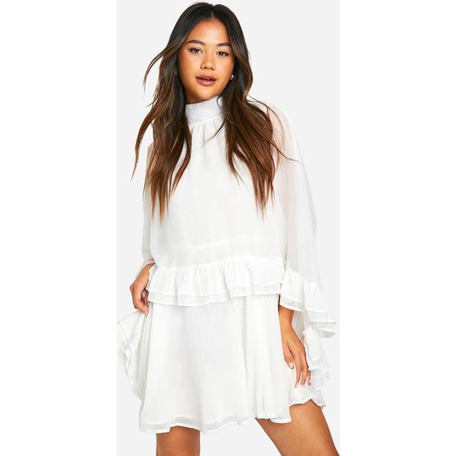 Womens Crinkle Chiffon Cape Frill Mini Dress - White - 10, White