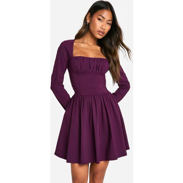 Womens Bengaline Corset Long Sleeve Skater Dress - Plum - 14