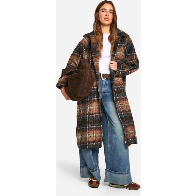 Womens Check Wool Look Coat - Brown - 10, Brown