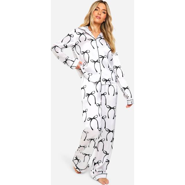 Womens Bow Print Satin Long Sleeve Shirt & Trousers Pyjama Set - White - 16