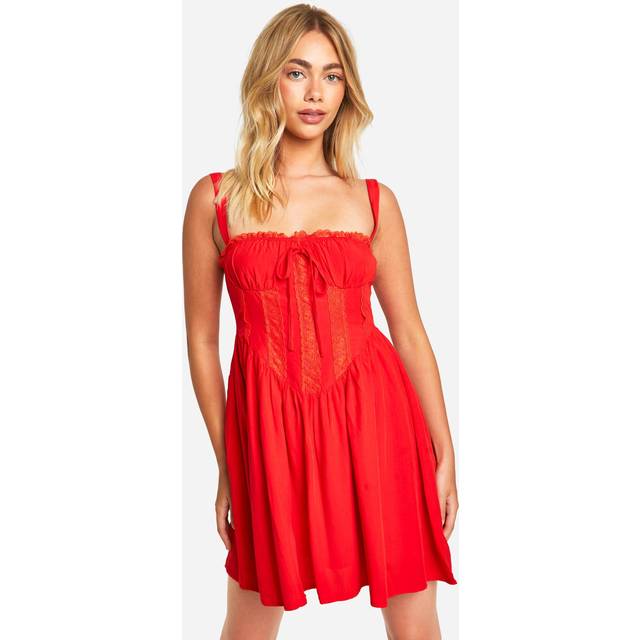 Womens Lace Corset Smock Dress - Red - 14, Red