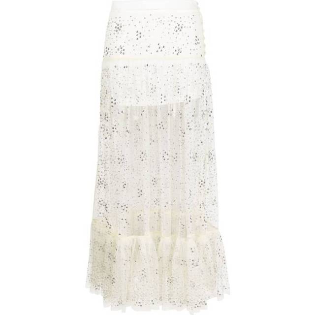 Rabanne Ladies Ecru Stud Embellished Ruffled Hem Lace Skirt, Brand Size 36 (US Size 4) - A (Size 4)