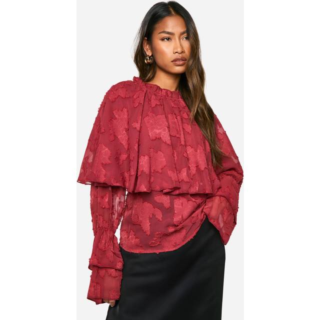 Womens Burnout Floral High Neck Ruffle Overlay Tie Cuff Blouse - Berry - 6