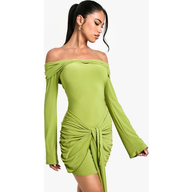 Womens Twist Detail Off Shoulder Flare Long Sleeve Mini Dress - Green - 10, Green