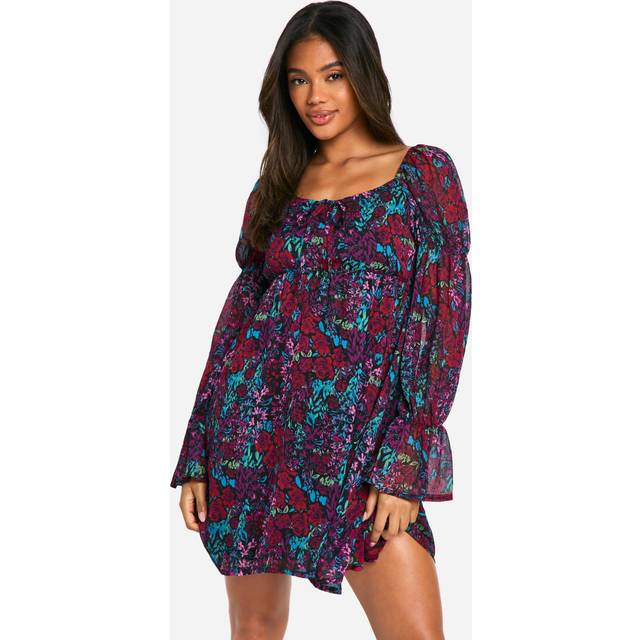 Womens Floral Crinkle Chiffon Long Sleeve Smock Dress - Multi - 8, Multi