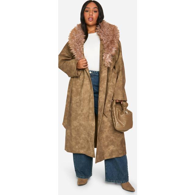 Womens Plus Faux Fur Collar Vintage Look Faux Leather Trench Coat - Brown - 26, Brown