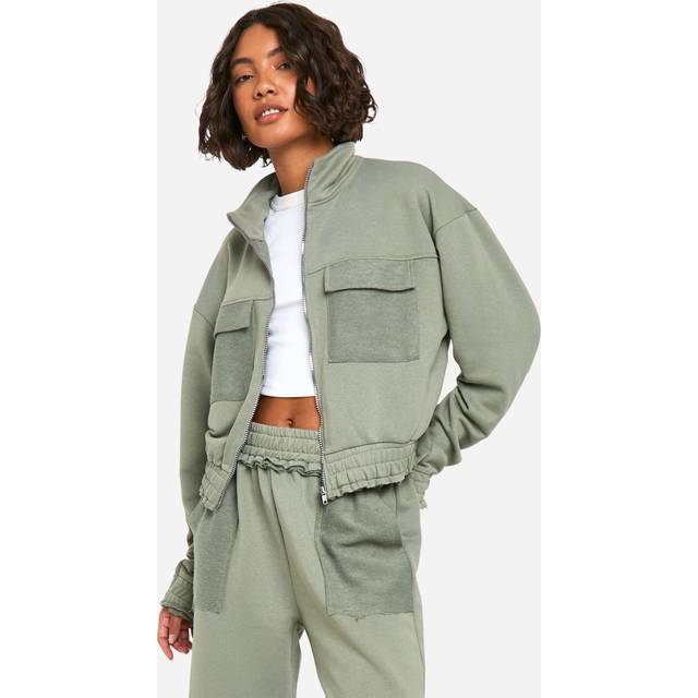 Womens Tall Reverse Loopback Pocket Detail Zip Through Bomber - Green - L, Green