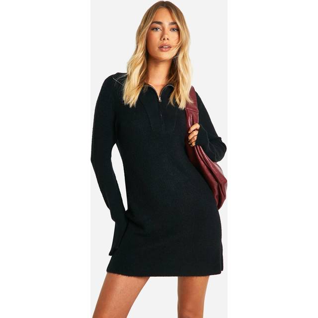 Womens Soft Rib Knit Half Zip Collar Jumper Dress - Black - S, Black
