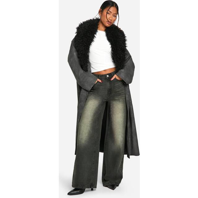 Womens Faux Fur Collar Vintage Look Faux Leather Trench Coat - Black - 8