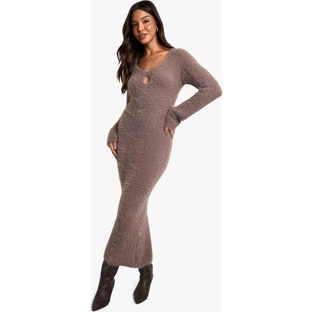 Womens Fluffy Knitted Square Neck Midaxi Dress - Brown - M, Brown