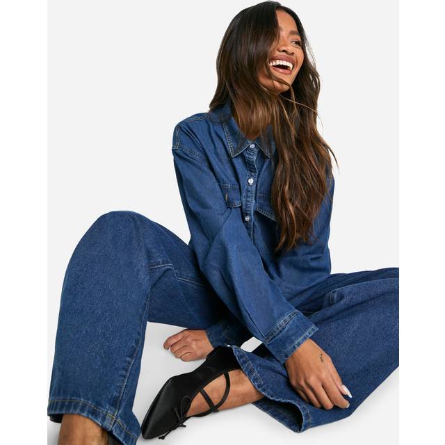 Womens Boohoo Basics High Waisted Wide Leg Jeans - Mid Blue - 14/30L