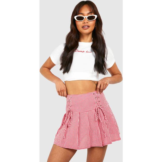 Womens Lace Up Gingham Pleated Tennis Skirt - Red - 12, Red