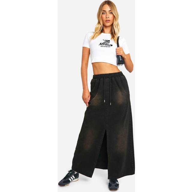 Womens Washed Black Elasticated Waist Maxi Skirt - 10, Black