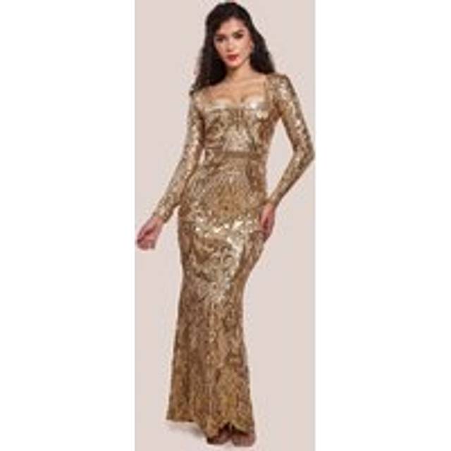 Sequin Square Neck Maxi With Scallop Hem - Gold by Goddiva - 16