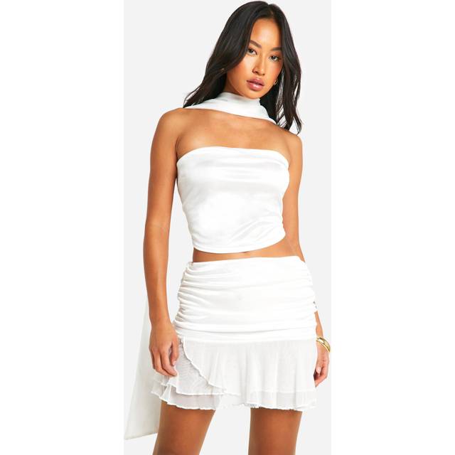 Womens Ruched Stretch Satin Ruffle Mini Skirt - White - 14, White