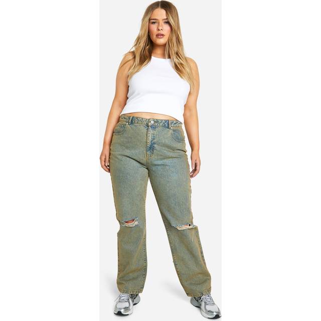 Womens Plus Basics High Waisted Straight Leg Ripped Knee Jeans - Beige - 26, Beige