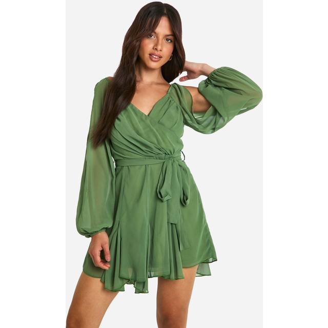Womens Chiffon Lace Back Puff Sleeve Wrap Skater Dress - Green - 8, Green