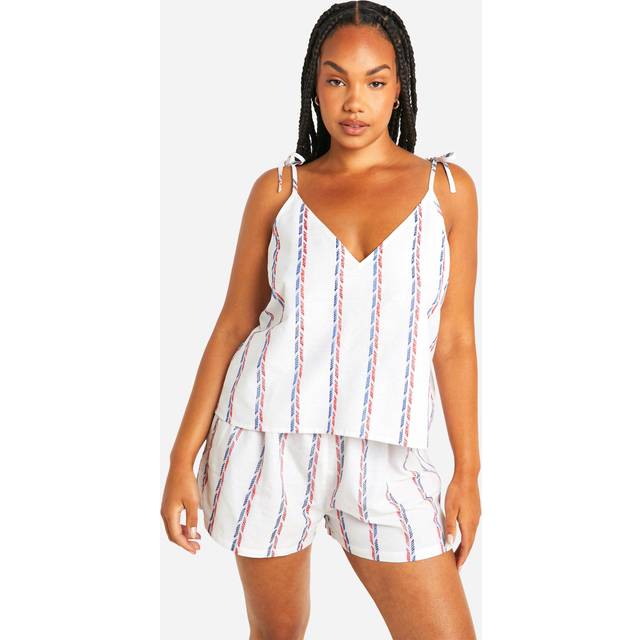 Womens Plus Cotton Poplin Multi Stripe Cami And Short Pyjama Set - White - 28, White