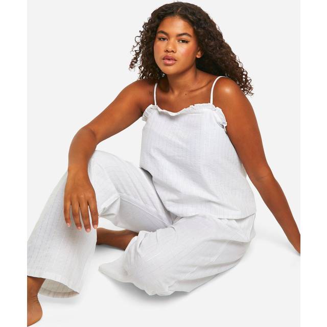 Womens Plus Cotton Poplin Strappy Pinstripe Cami And Trouser Pyjama Set - White - 20, White