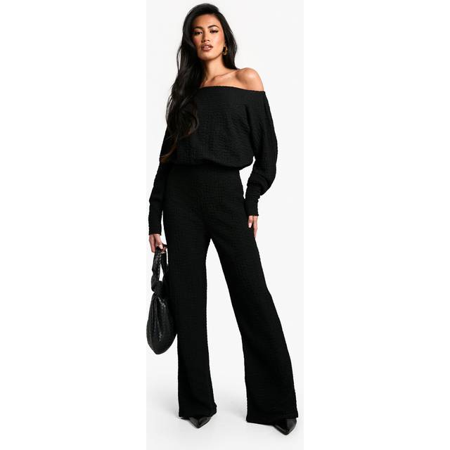 Womens Cold Shoulder Wide Leg Textured Jumpsuit - Black - 8