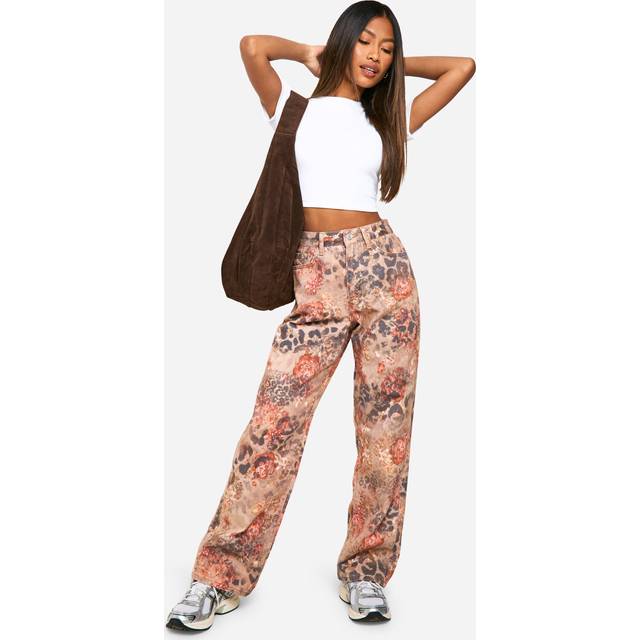 Womens Rose Leopard Print Straight Leg Jean - Multi - 8, Multi