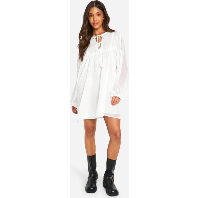 Womens Crinkle Chiffon Smock Dress - White - 14, White