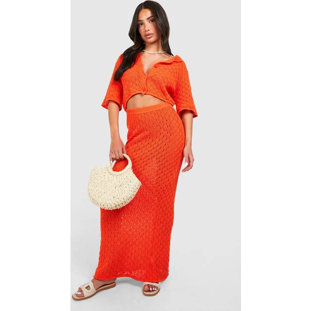 Womens Petite Knitted Pointelle Maxi Skirt - Orange - S, Orange