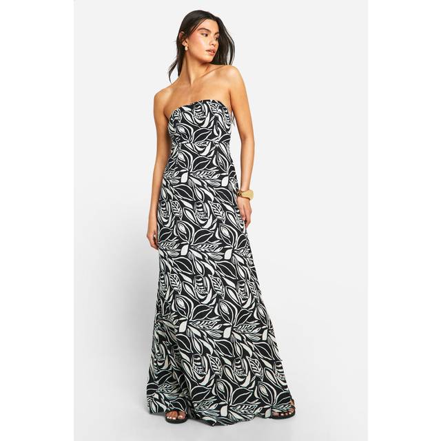 Womens Bandeau Leaf Print Linen Look Maxi Dress - Black - 10