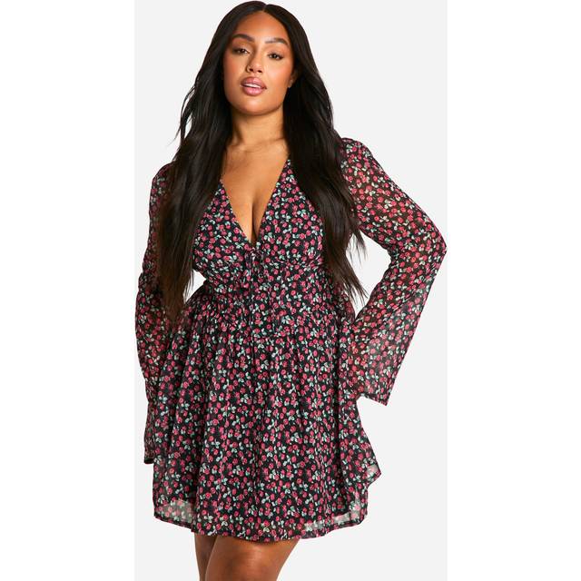 Womens Plus Woven Floral Milkmaid Skater Dress - Black - 18