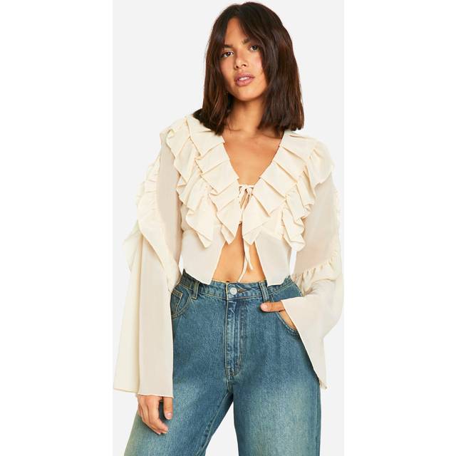 Womens Chiffon Ruffle Tie Crop Blouse - Almond - 10
