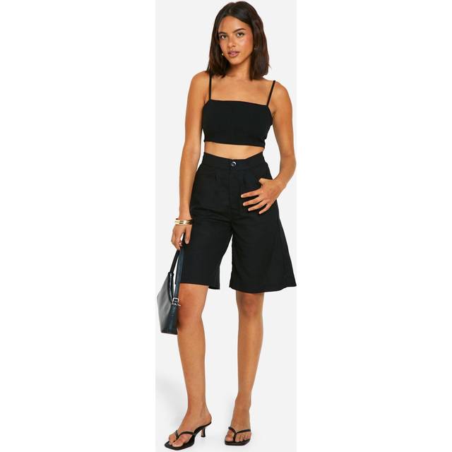 Womens Tailored Linen Look Midi Shorts - Black - 6