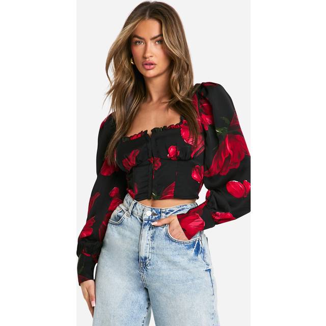 Womens Rose Print Frill Hem Hook And Eye Milkmaid Corset Top - Black - 6