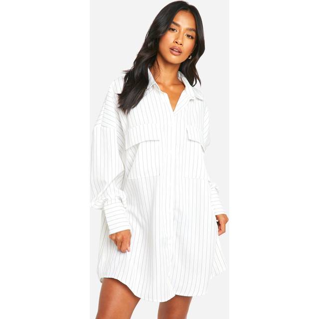 Womens Petite Oversized Stripe Shirt Dress - White - 8