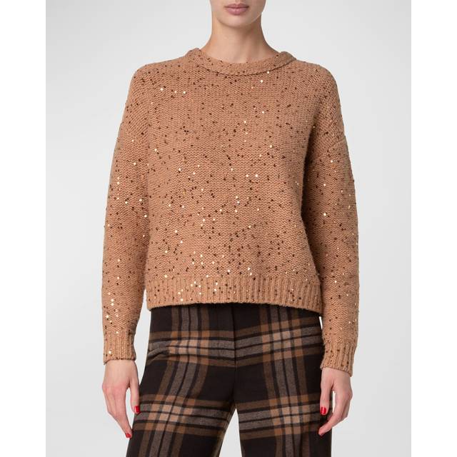 Sequin Wool-Cashmere Knit Crewneck Sweater - CAMEL - 6