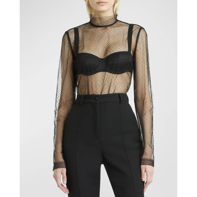 Mock-Neck Fishnet Mesh Blouse - BLACK - 46 IT (10 US)