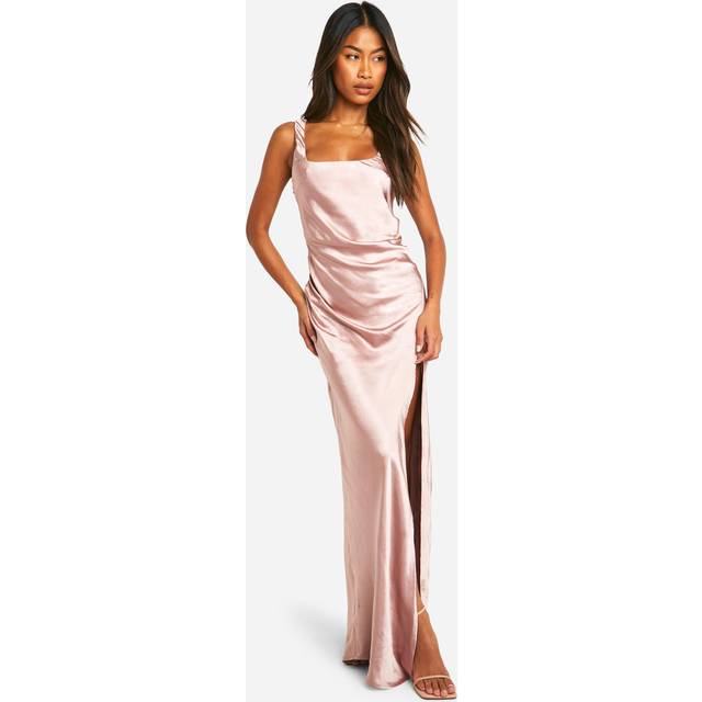 Womens Bridesmaid Satin Square Neck Maxi Dress - Cream - 12, Cream
