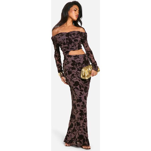 Womens Bardot Ruched Devore Cut Out Maxi Dress - Brown - 18, Brown