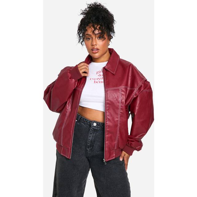 Womens Plus Pu Contrast Stitch Oversized Bomber Jacket - Red - 16, Red
