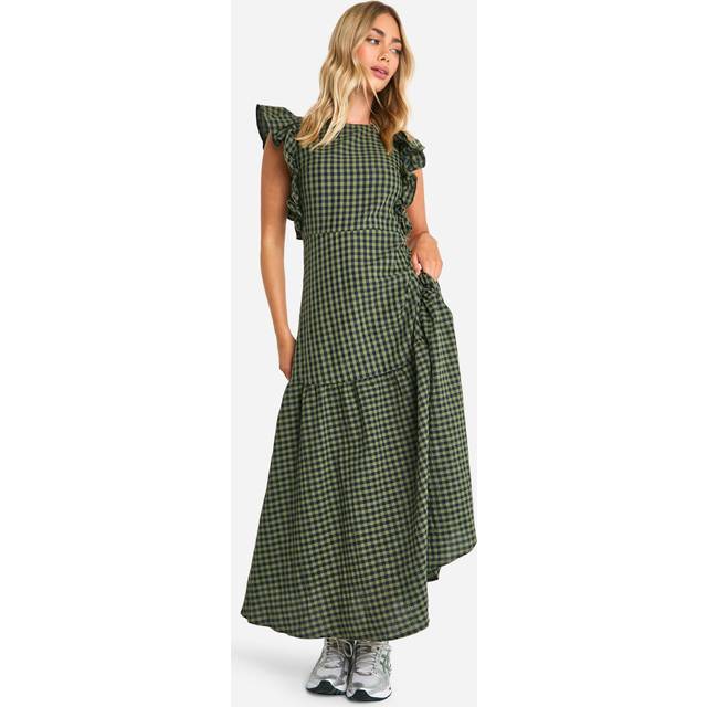 Womens Gingham Frill Sleeve Smock Midaxi Dress - Green - 8