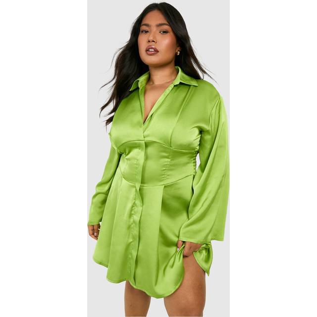 Womens Plus Satin Corset Detail Flared Sleeve Shirt Dress - Yellow - 24
