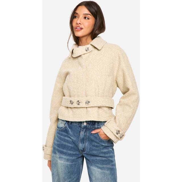 Womens Boucle Wool Look Short Trench Coat - Beige - 12, Beige