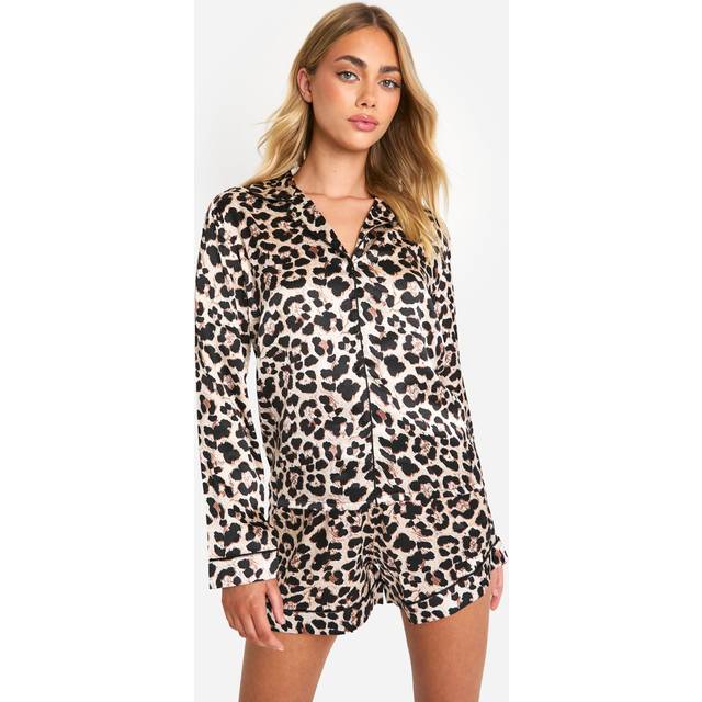 Womens Leopard Satin Short Pj Set - Multi - 10, Multi