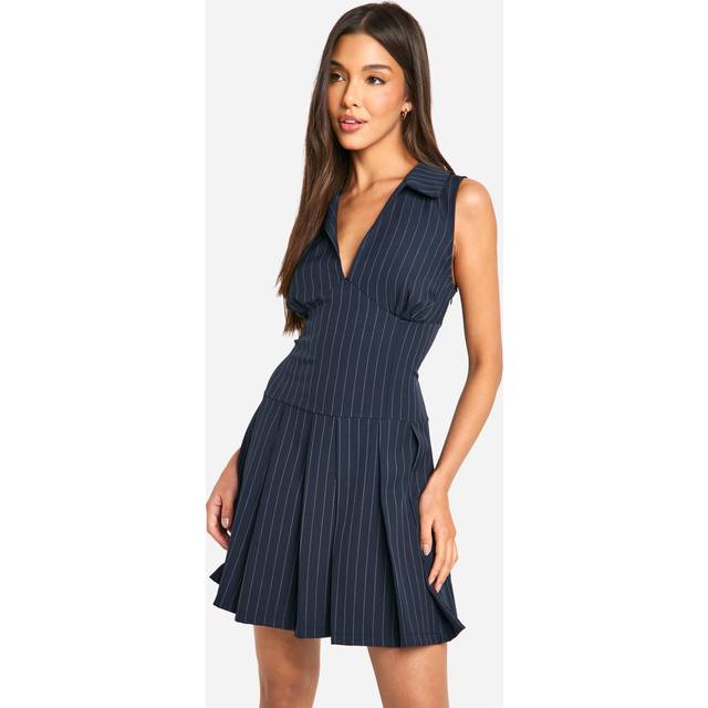 Womens Pinstripe Pleated Mini Dress - Navy - 10