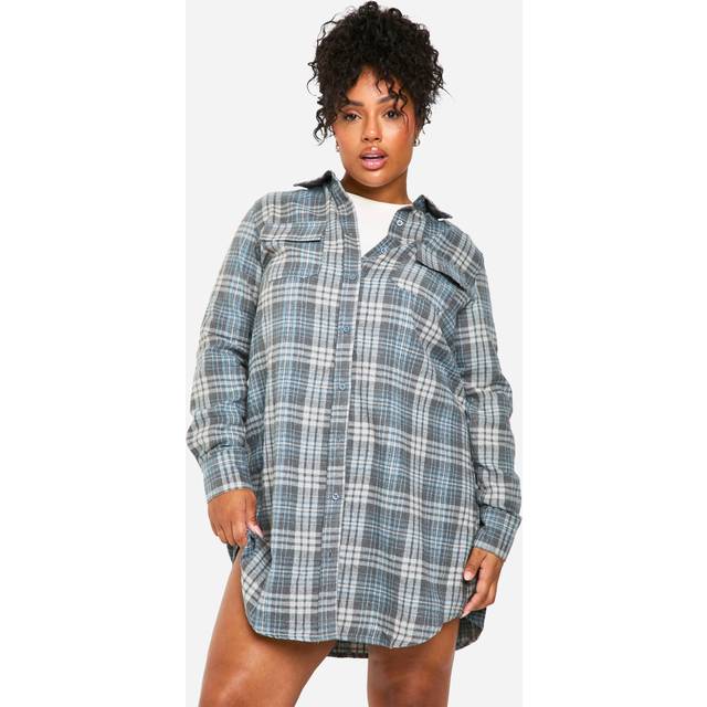 Womens Plus Brushed Check Shirt Dress - Navy - 26, Navy