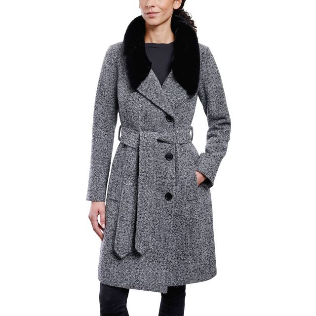 Anne Klein Women's Belted Wrap Wool Coat with Fur Collar - Clearance in Black / White size 8