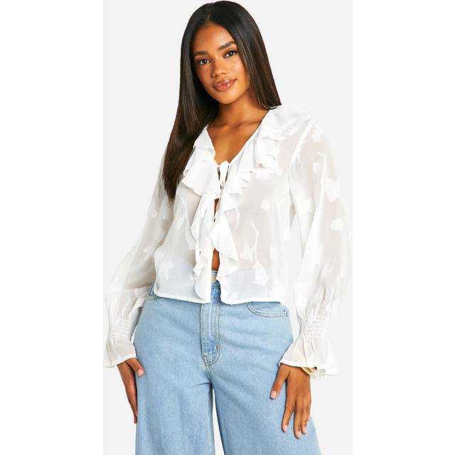 Womens Burnout Ruffle Tie Blouse - White - 10, White